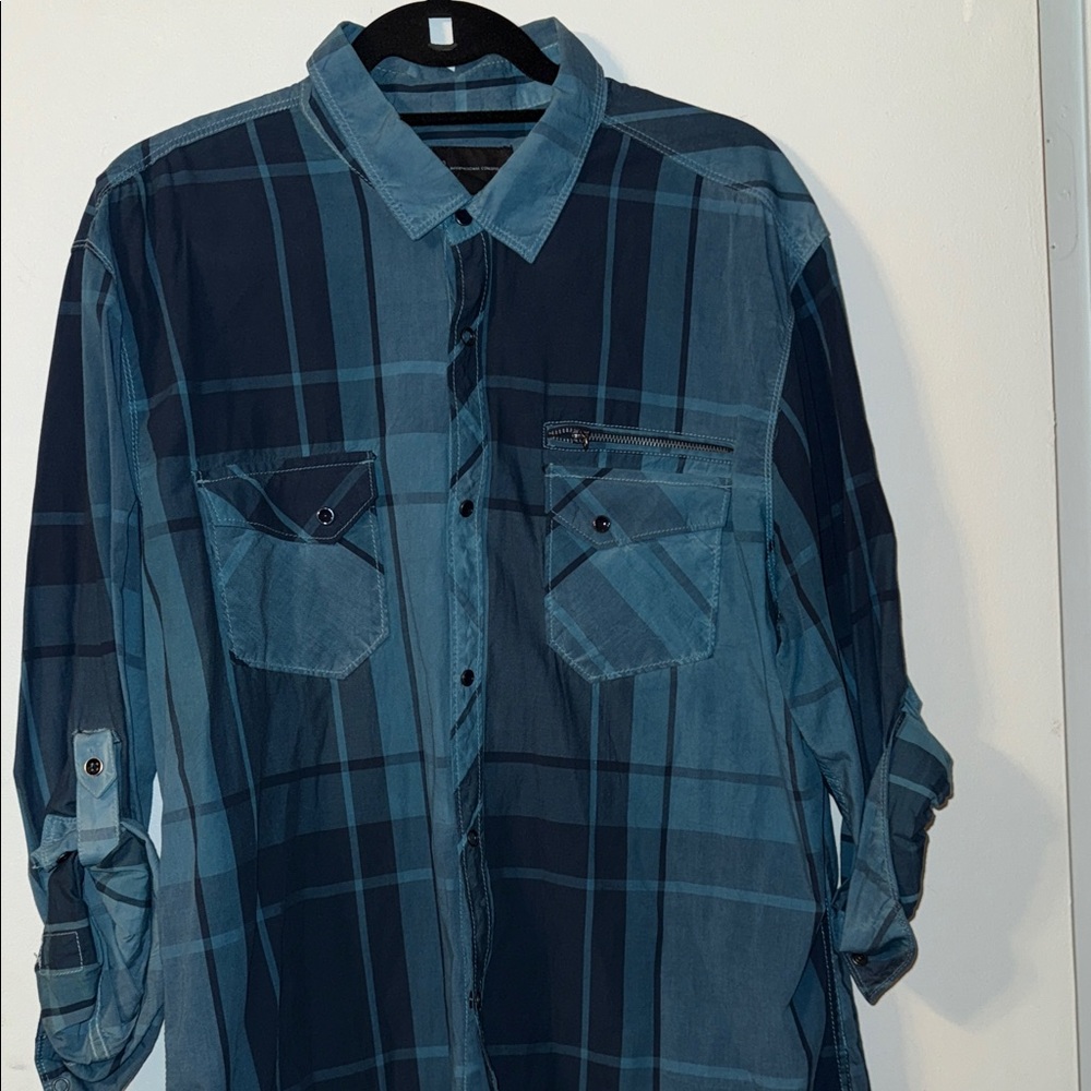 INC International Concepts Men's Navy and Teal Plaid Shirt